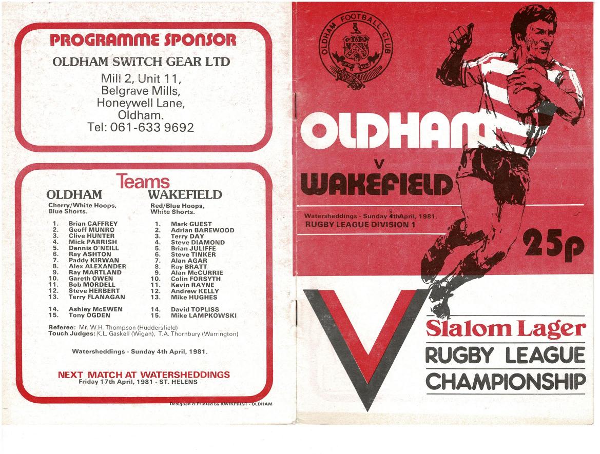 Programme cover: Oldham v Wakefield Trinity, 5 April 1981