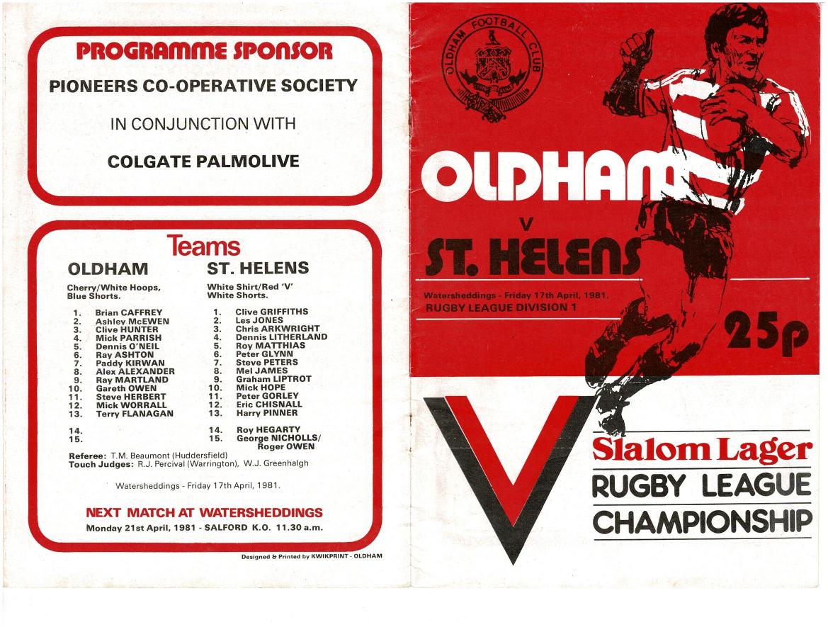 Programme cover: Oldham v St Helens, 17 April 1981
