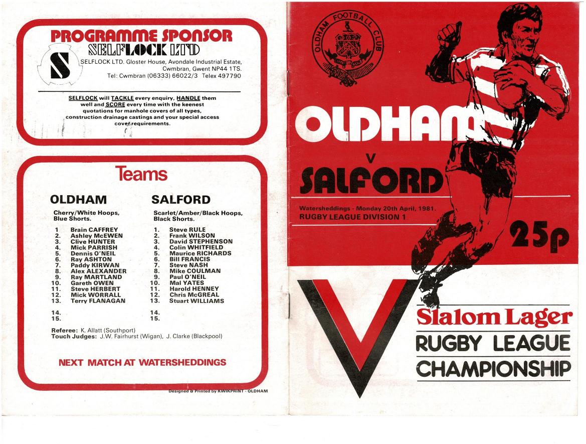 Programme cover: Oldham v Salford, 20 April 1981