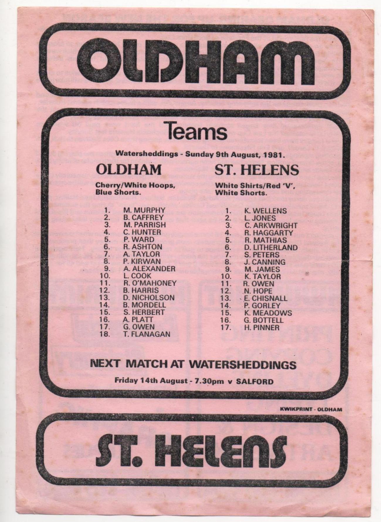 Programme cover: Oldham v St Helens, 9 August 1981