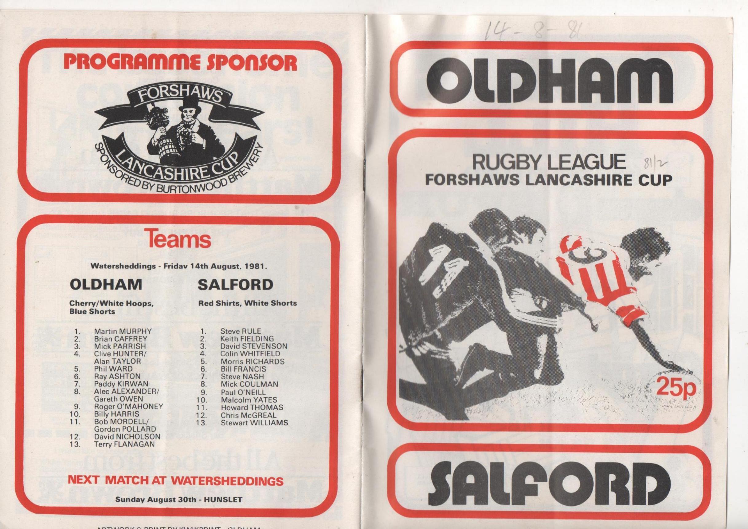Programme cover: Oldham v Salford, 14 August 1981