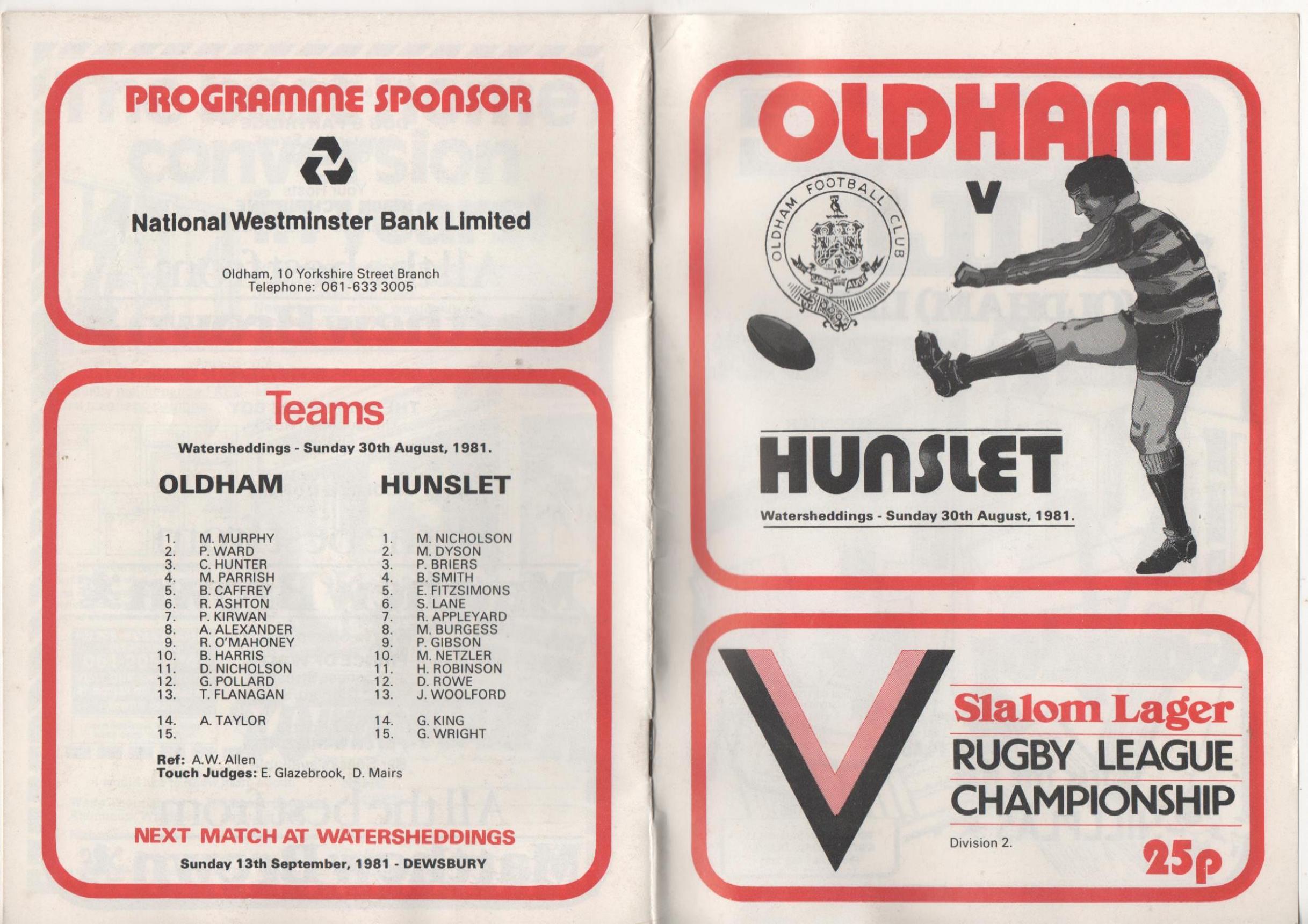 Programme cover: Oldham v Hunslet, 30 August 1981