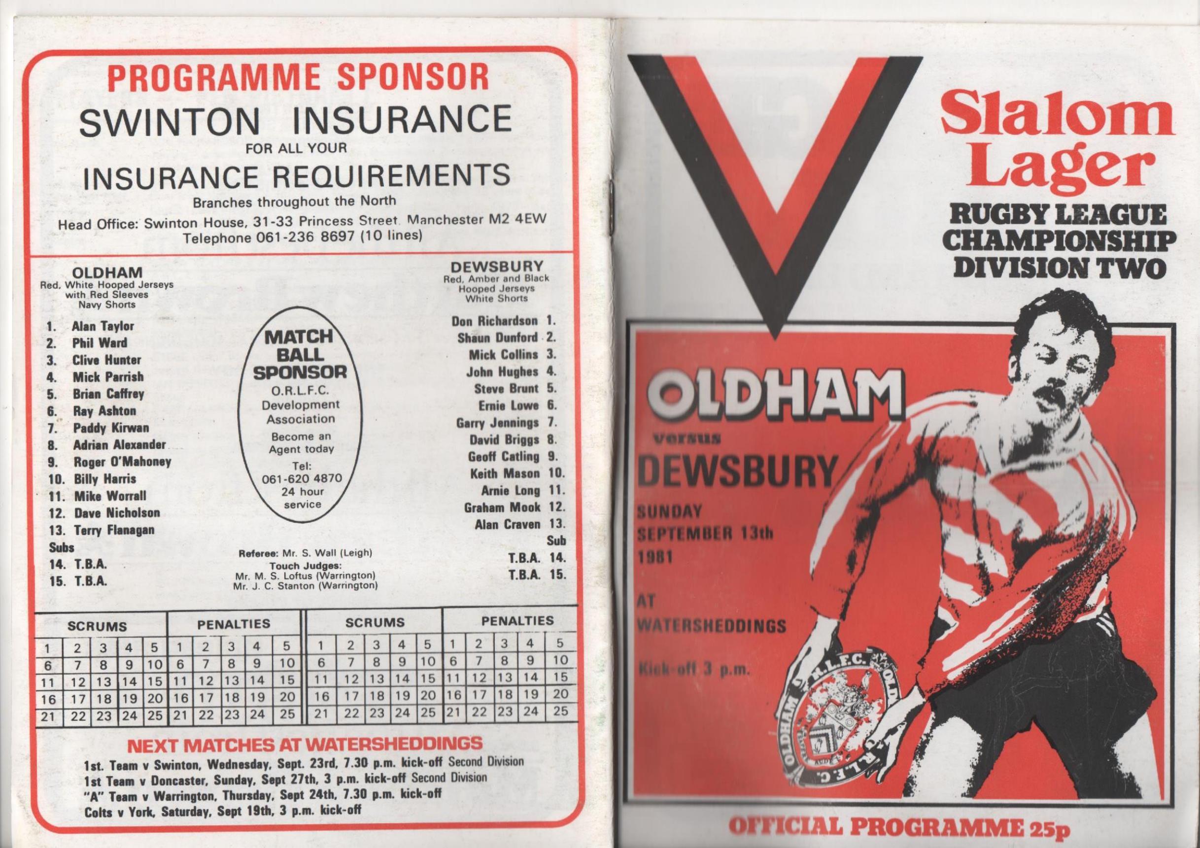 Programme cover: Oldham v Dewsbury, 13 September 1981