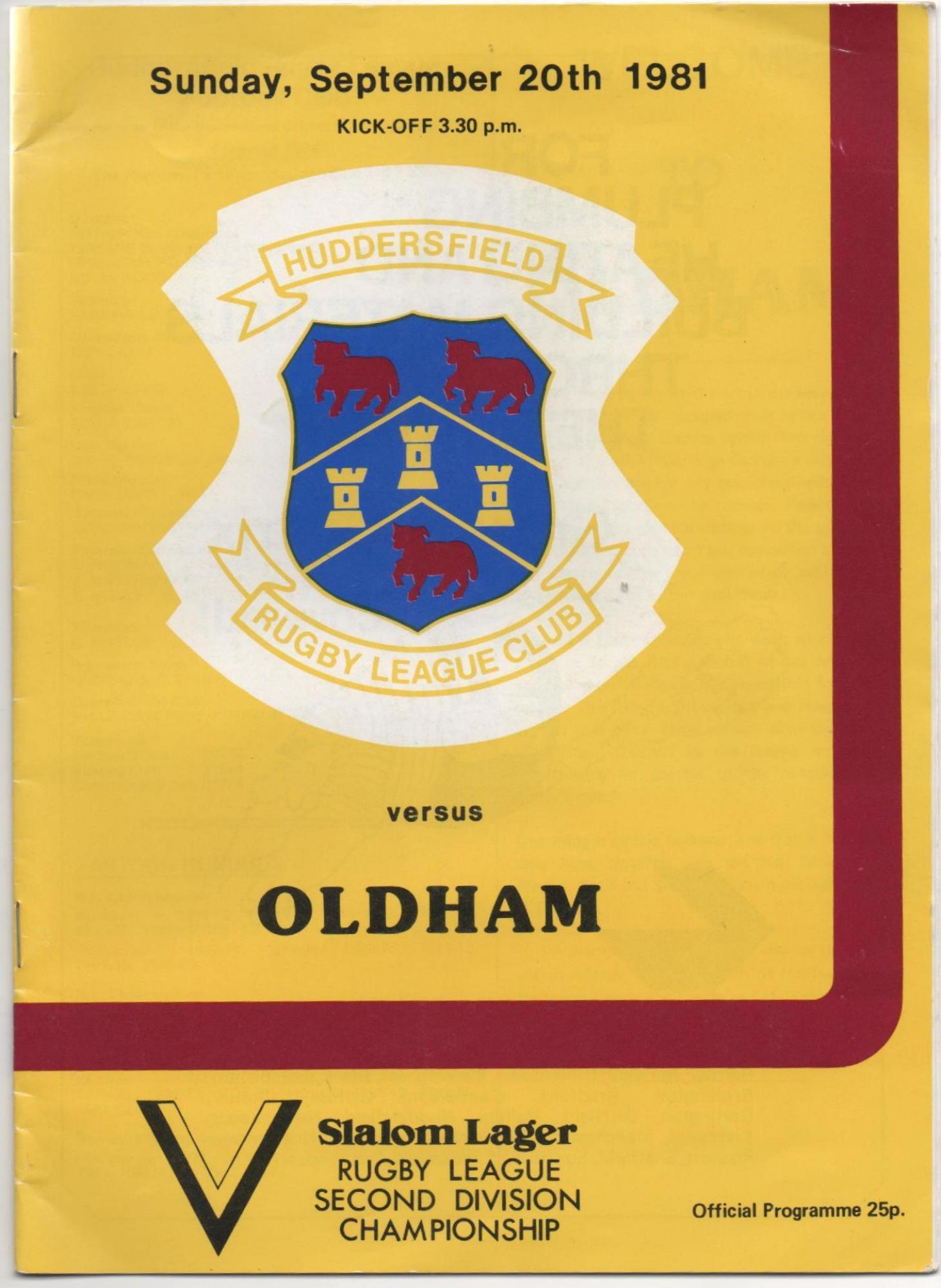 Programme cover: Oldham v Huddersfield, 20 September 1981