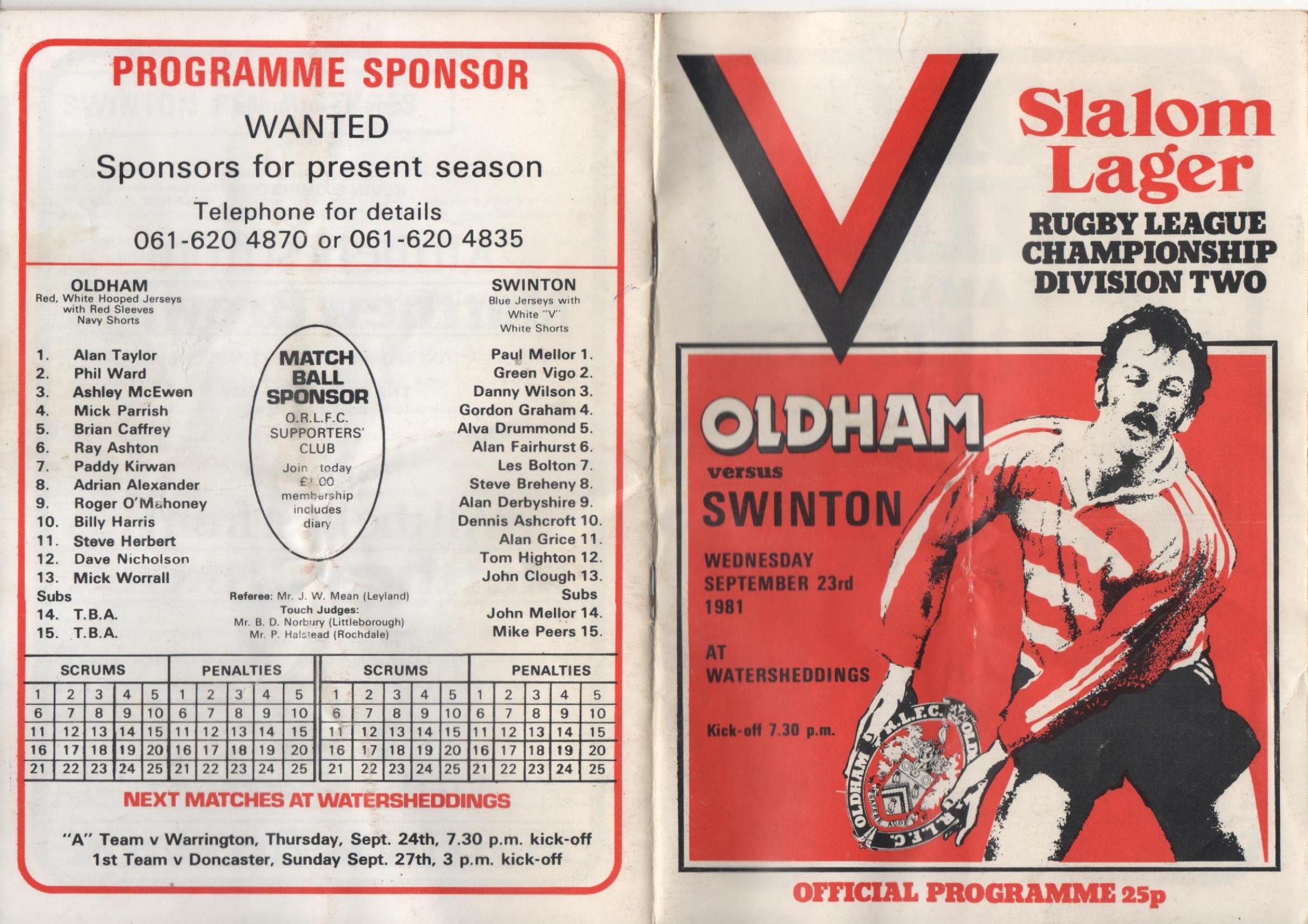 Programme cover: Oldham v Swinton, 23 September 1981