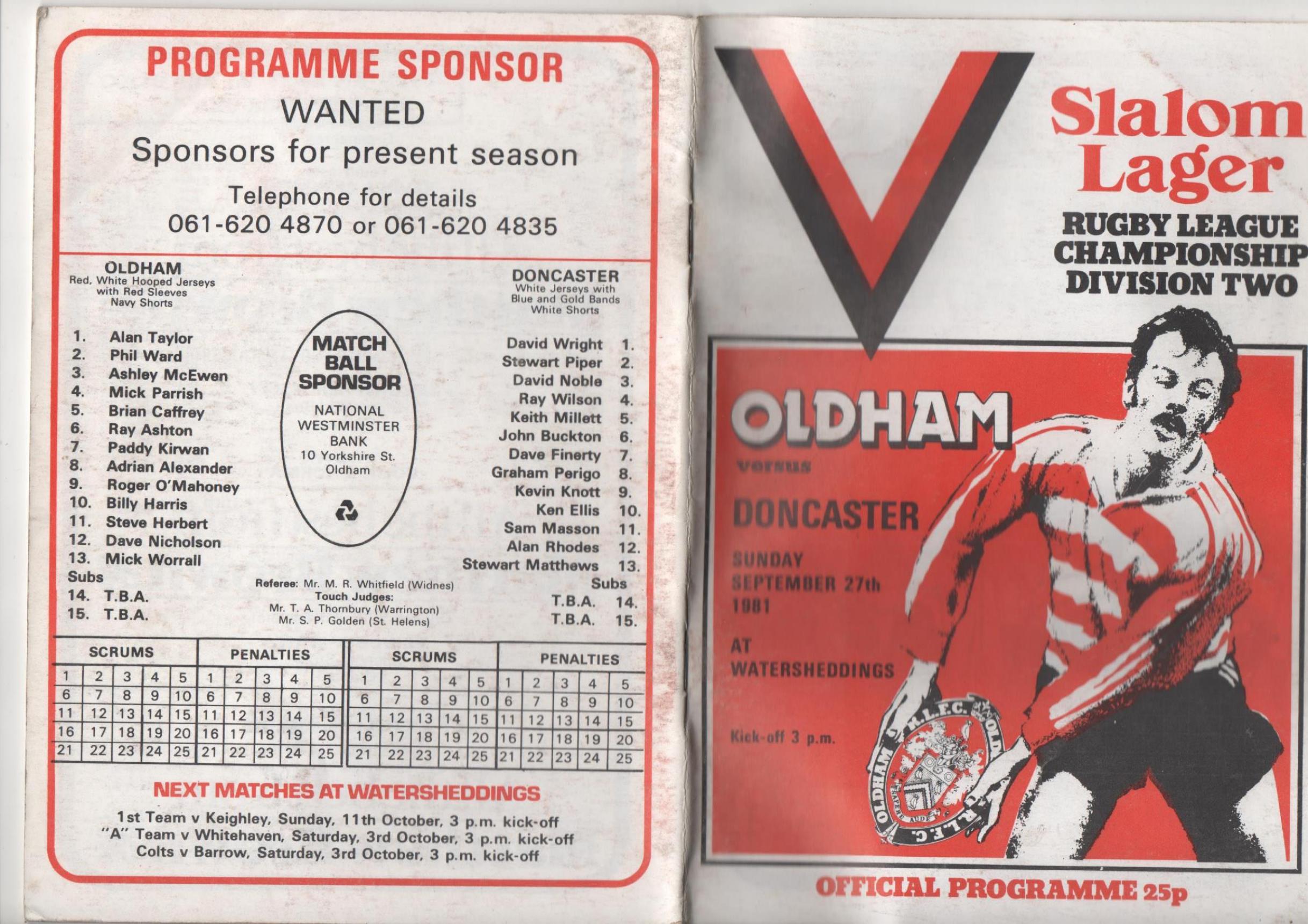 Programme cover: Oldham v Doncaster, 27 September 1981