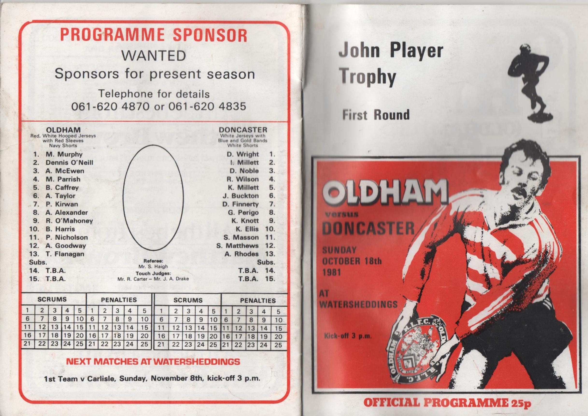 Programme cover: Oldham v Doncaster, 18 October 1981