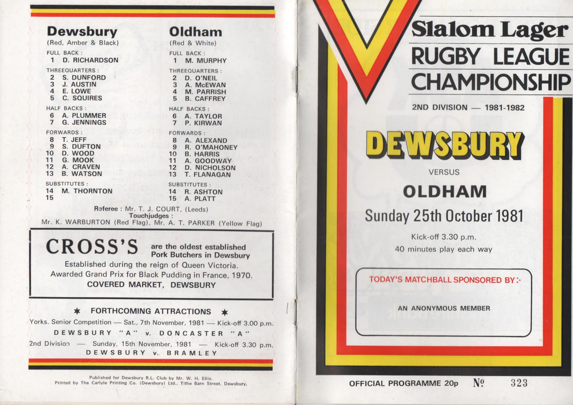 Programme cover: Oldham v Dewsbury, 25 October 1981