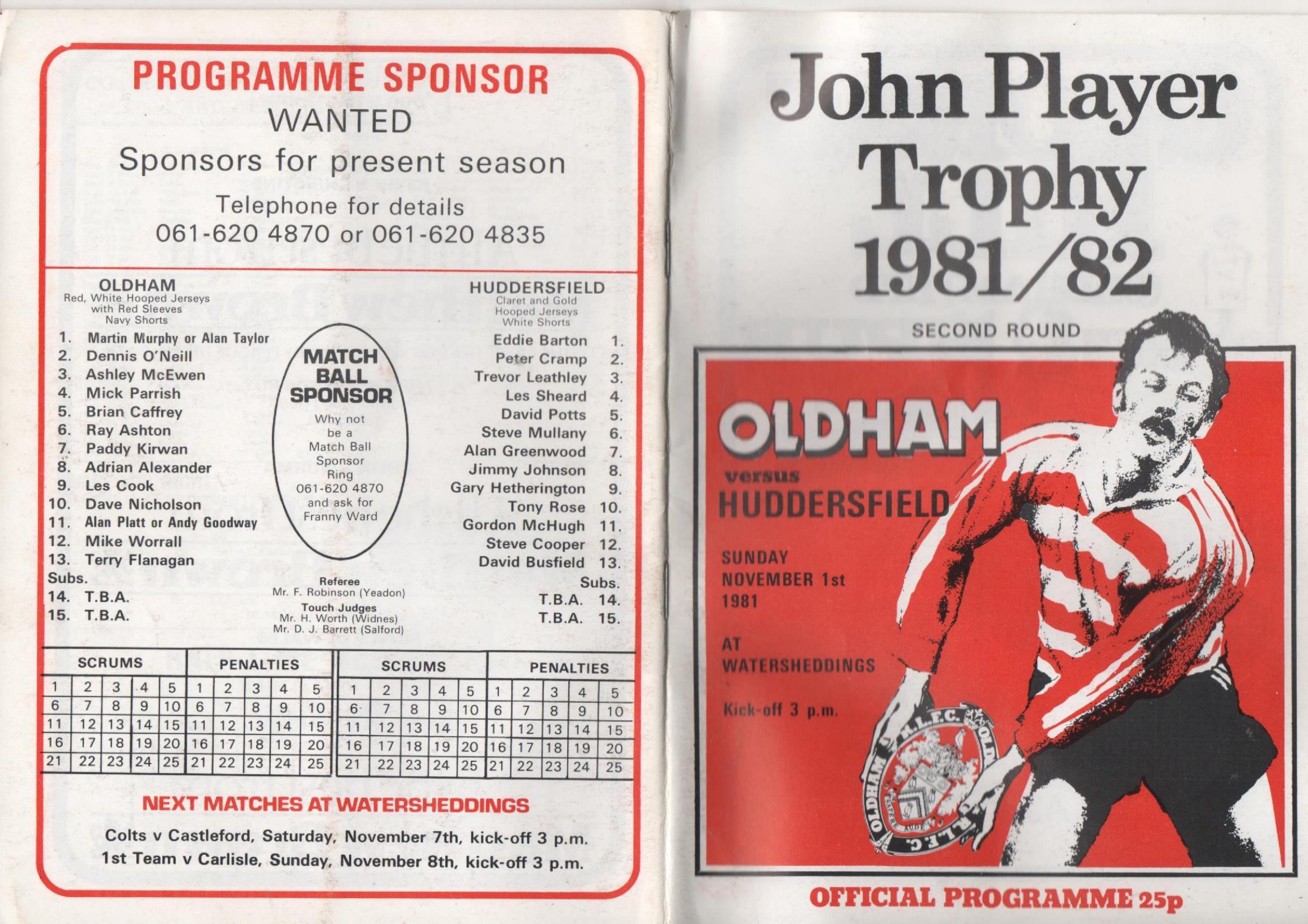 Programme cover: Oldham v Huddersfield, 1 November 1981