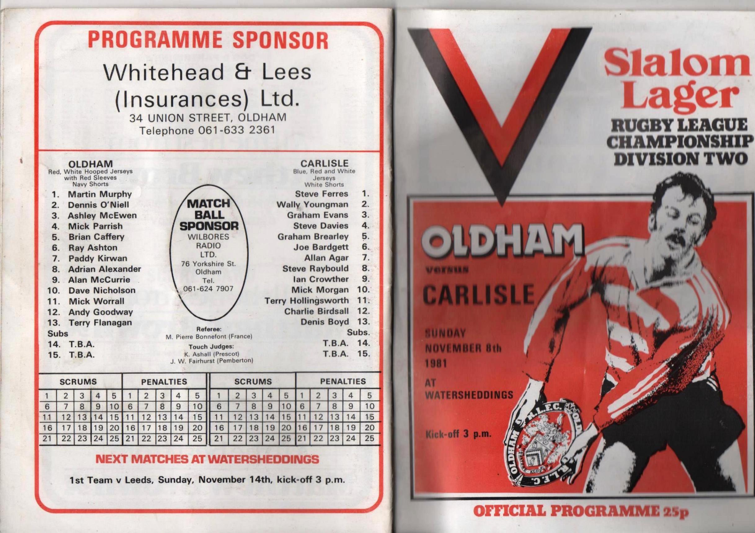 Programme cover: Oldham v Carlisle, 8 November 1981
