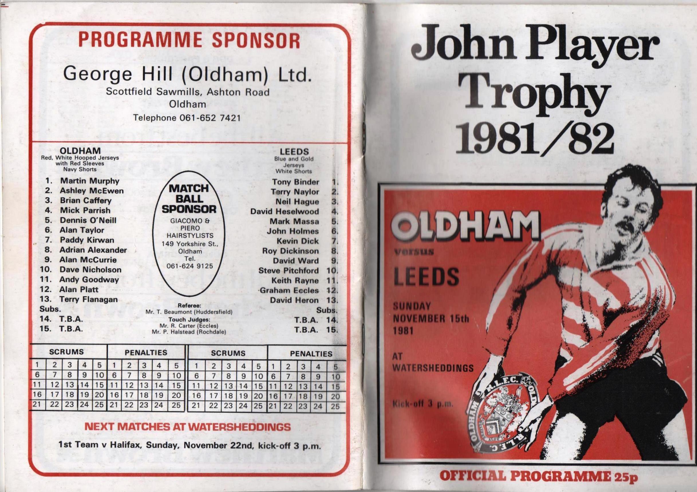 Programme cover: Oldham v Leeds, 15 November 1981