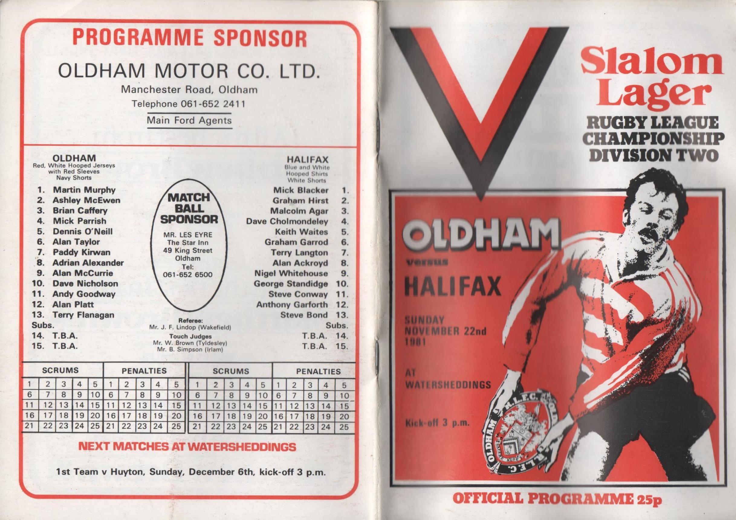 Programme cover: Oldham v Halifax, 22 November 1981