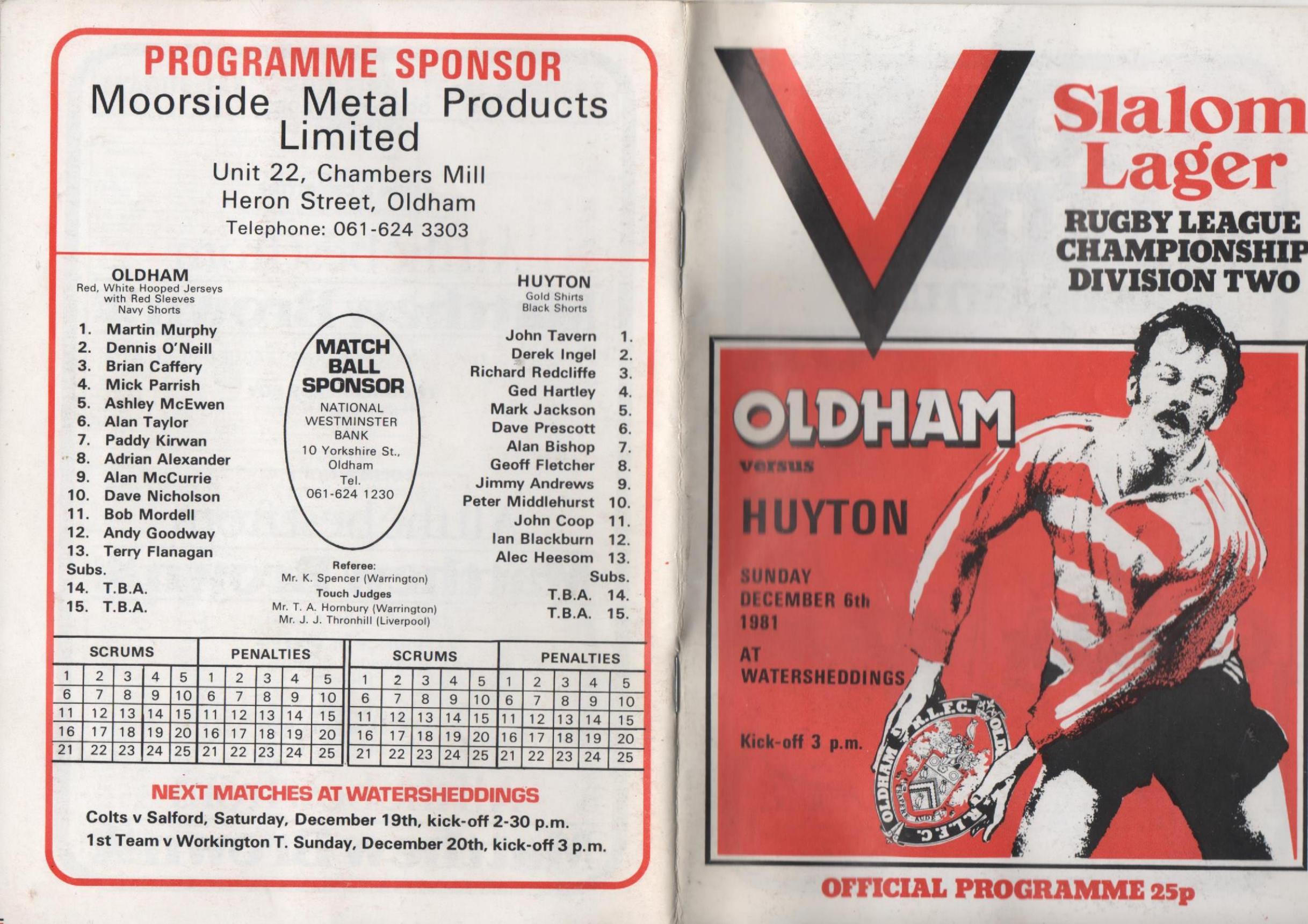 Programme cover: Oldham v Huyton, 6 December 1981