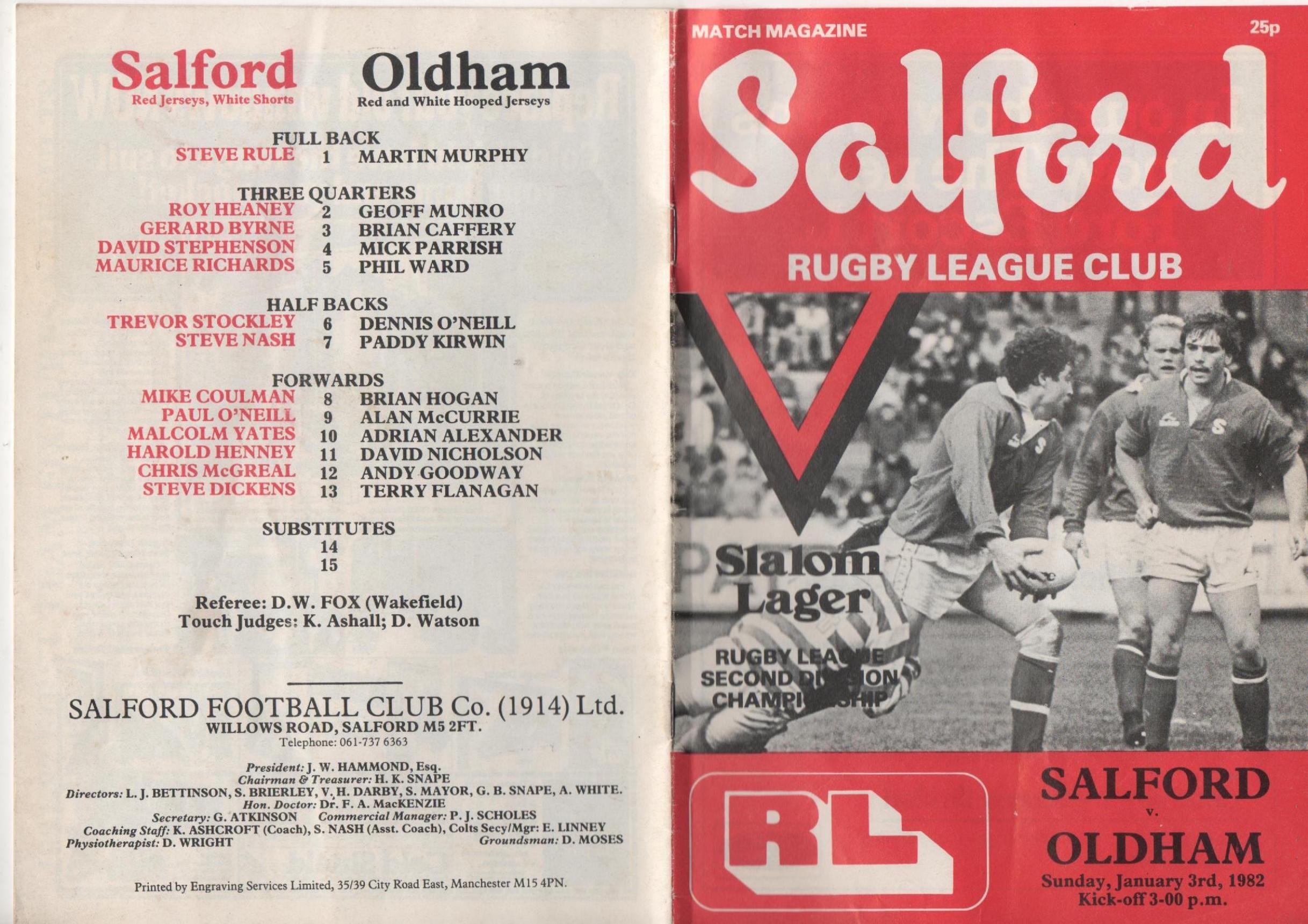 Programme cover: Oldham v Salford, 3 January 1982