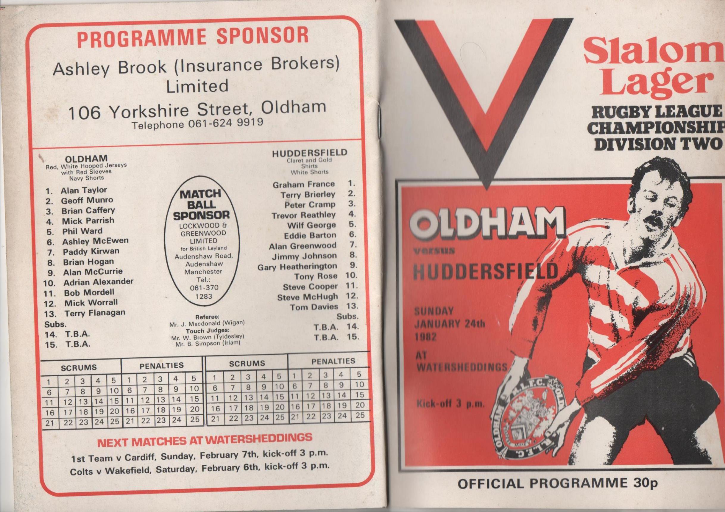 Programme cover: Oldham v Huddersfield, 24 January 1982