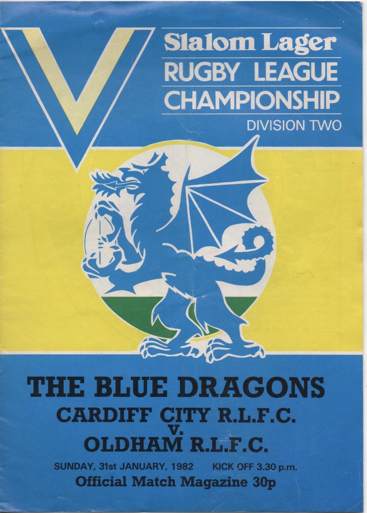 Programme cover: Oldham v Cardiff City Blue Dragons, 31 January 1982