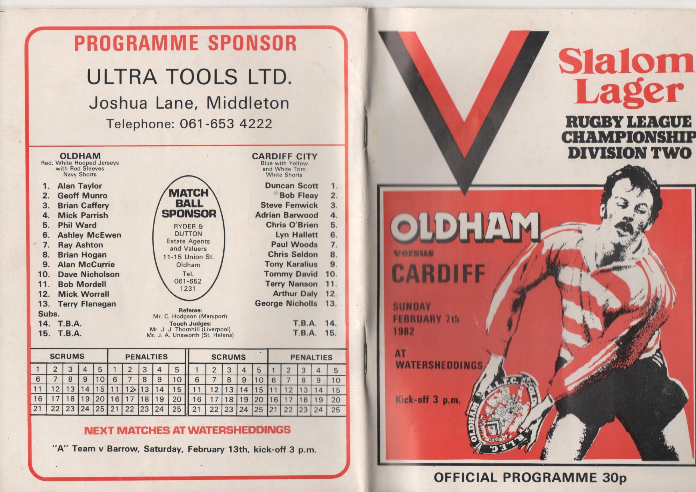 Programme cover: Oldham v Cardiff City Blue Dragons, 7 February 1982