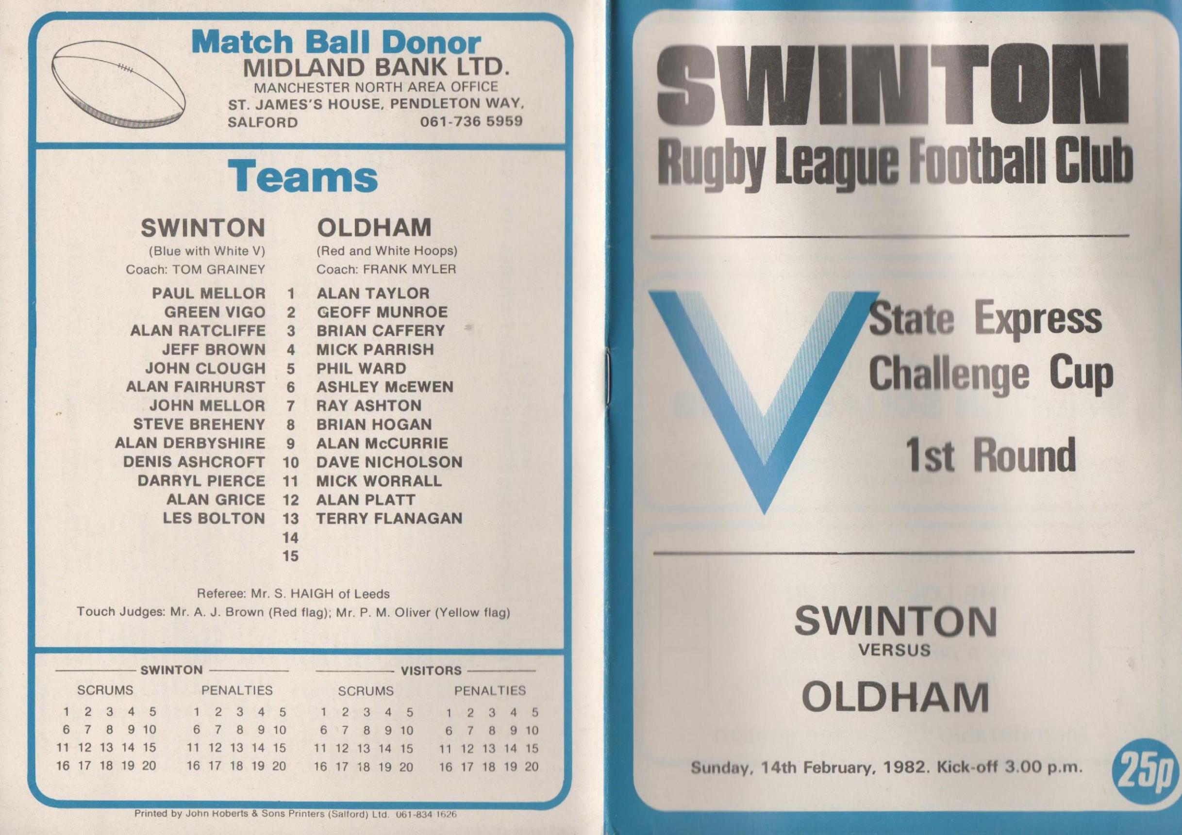 Programme cover: Oldham v Swinton, 14 February 1982