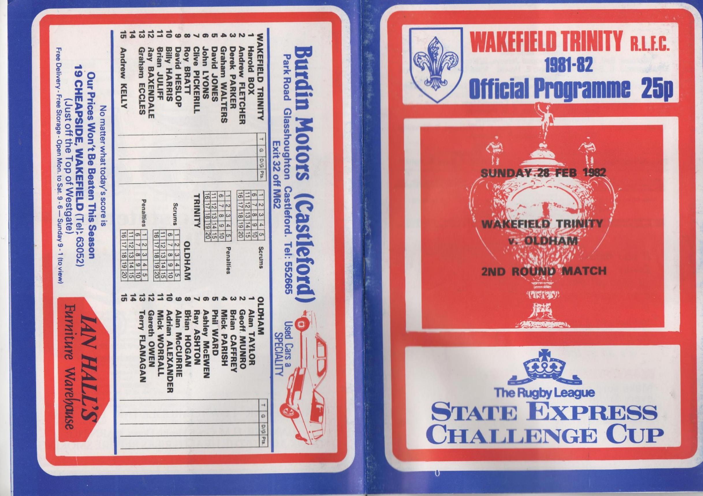 Programme cover: Oldham v Wakefield Trinity, 28 February 1982