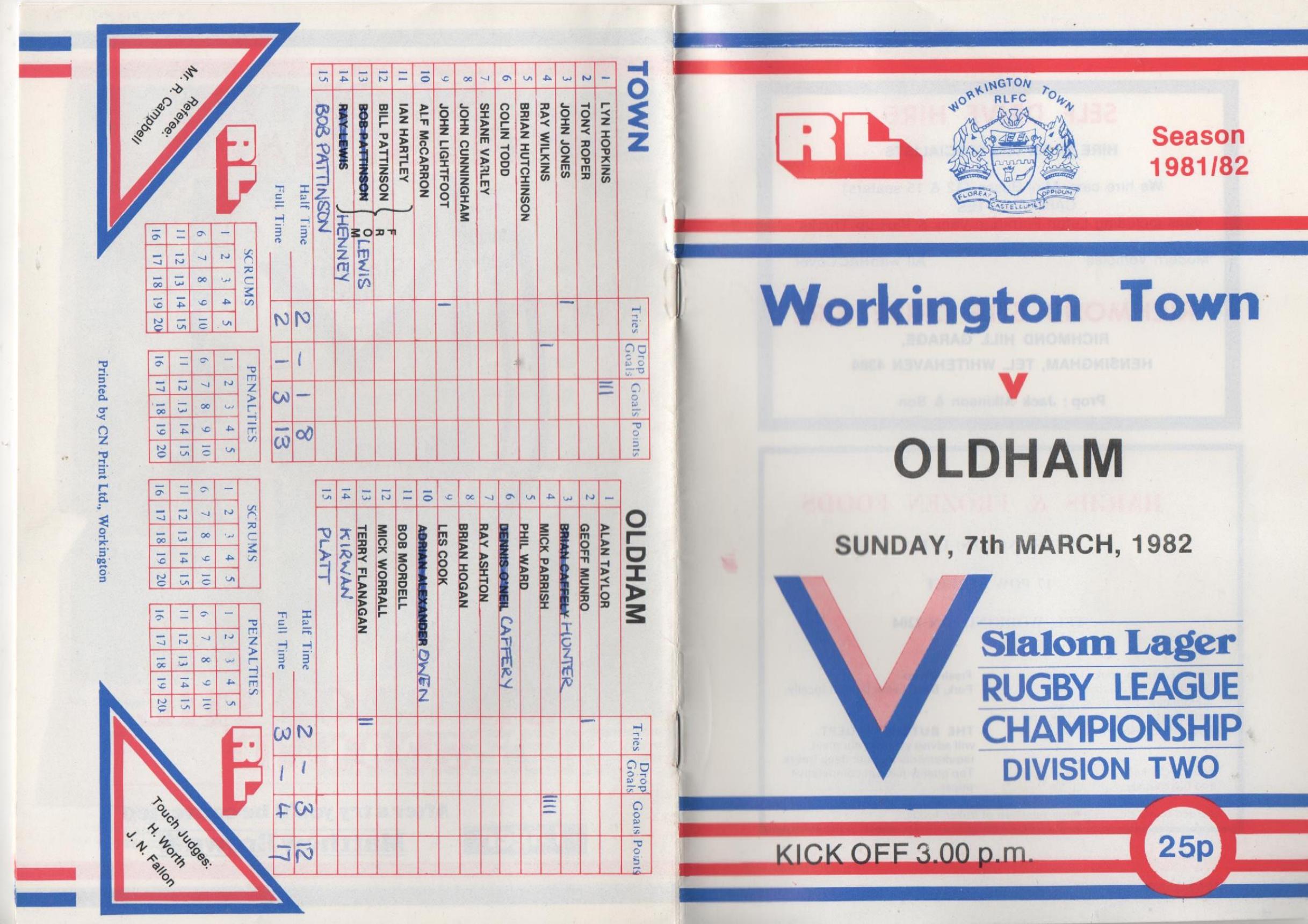Programme cover: Oldham v Workington Town, 7 March 1982