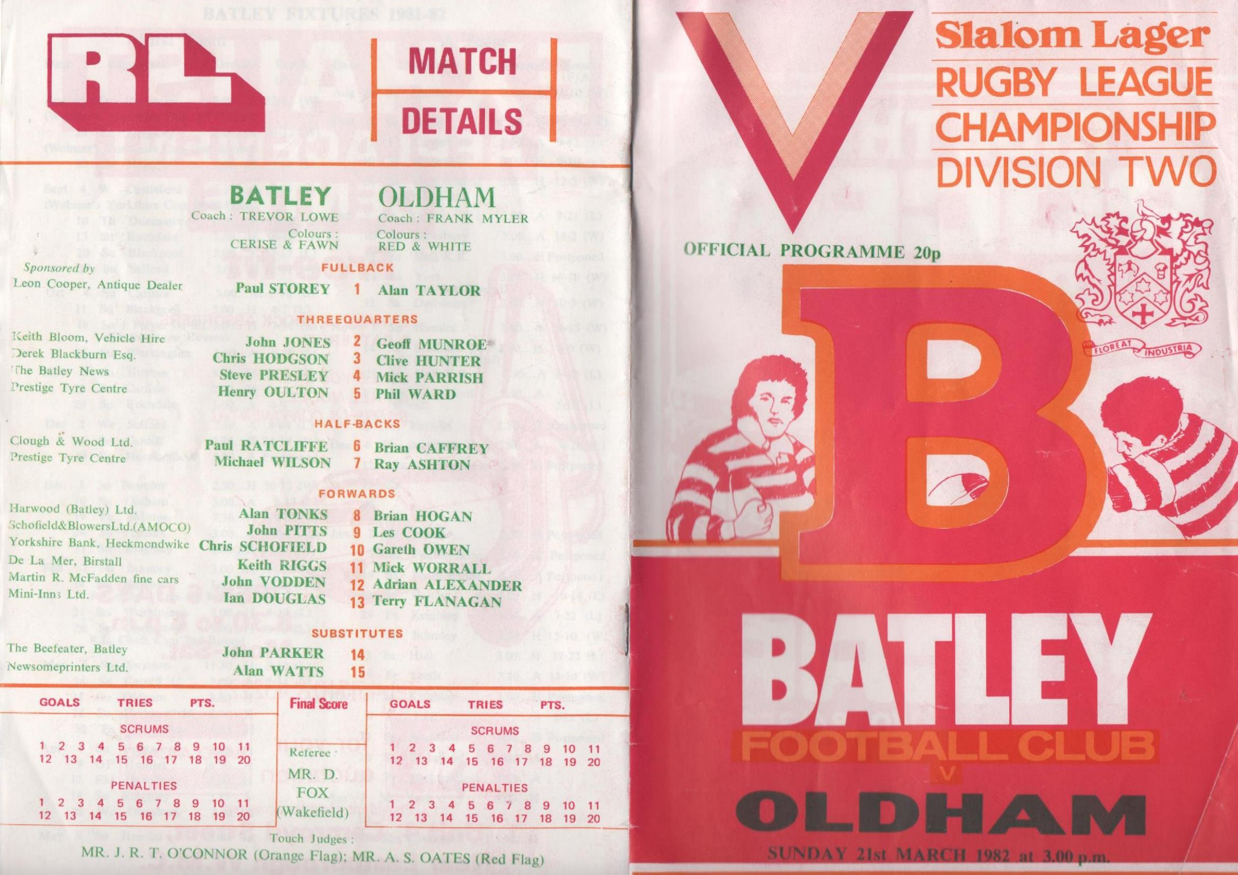 Programme cover: Oldham v Batley, 21 March 1982