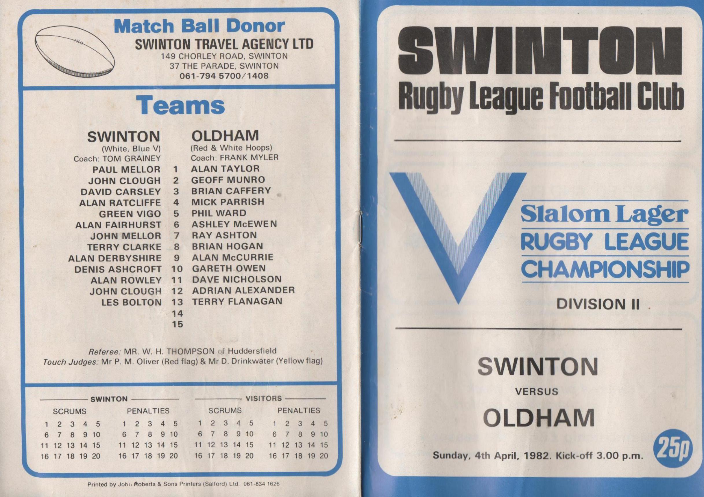Programme cover: Oldham v Swinton, 4 April 1982