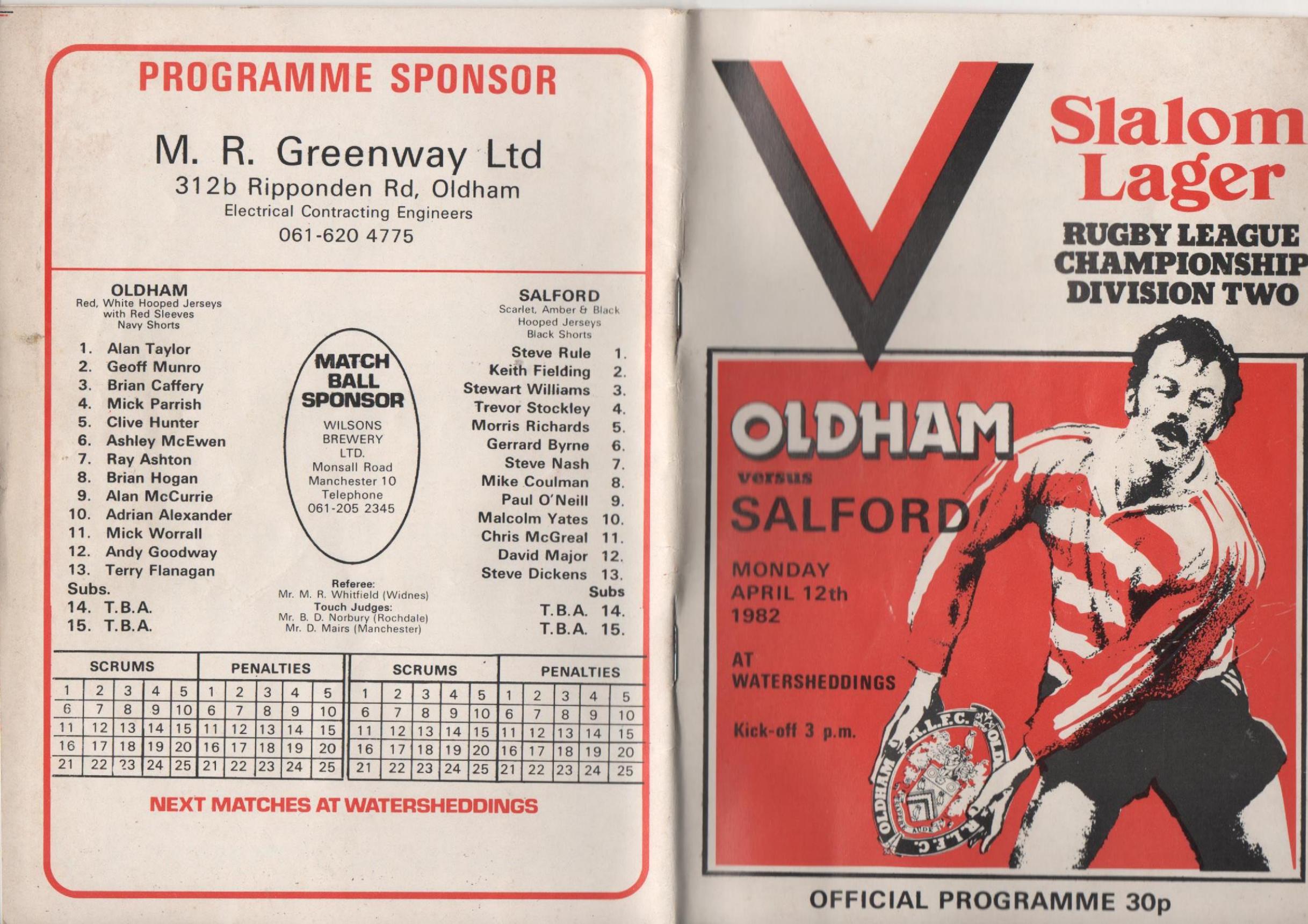 Programme cover: Oldham v Salford, 12 April 1982