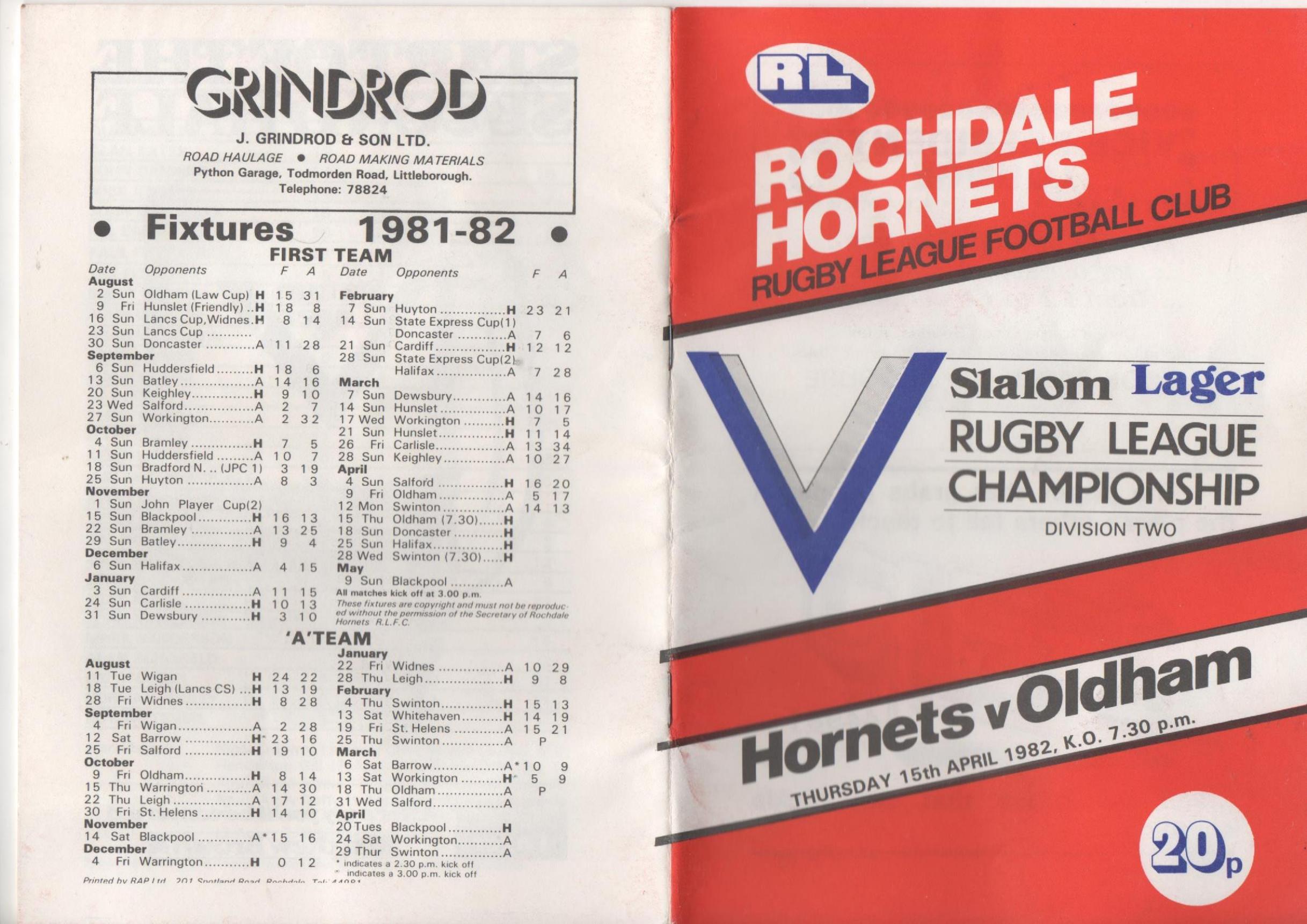 Programme cover: Oldham v Rochdale Hornets, 15 April 1982