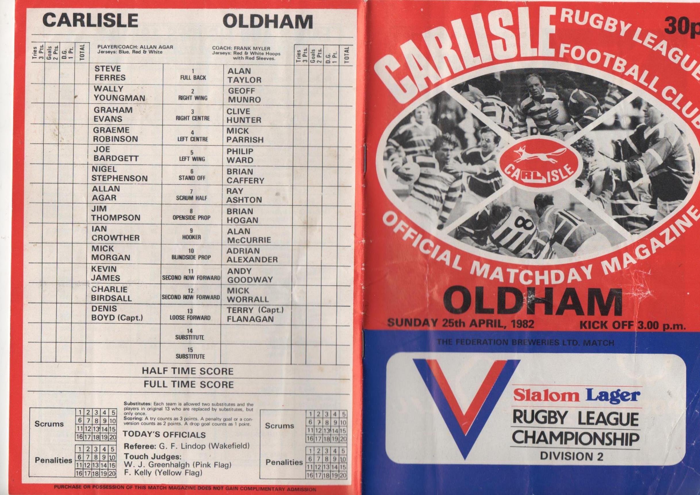 Programme cover: Oldham v Carlisle, 25 April 1982