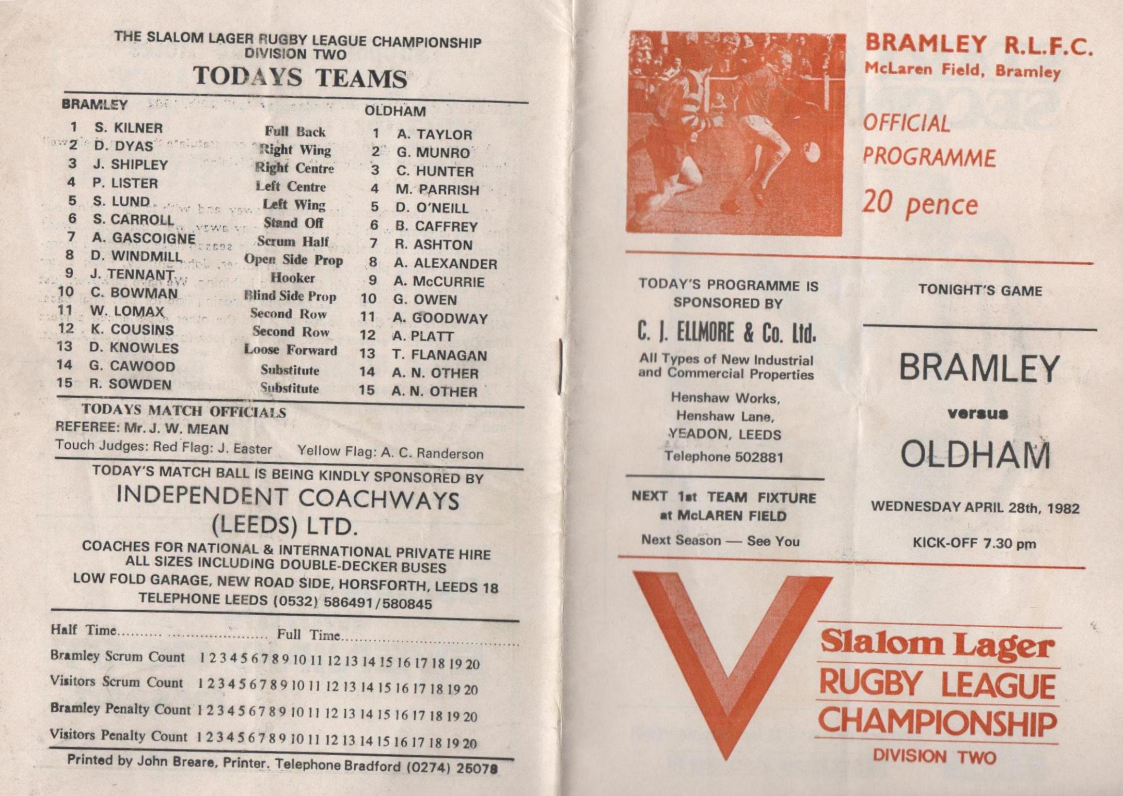 Programme cover: Oldham v Bramley, 28 April 1982