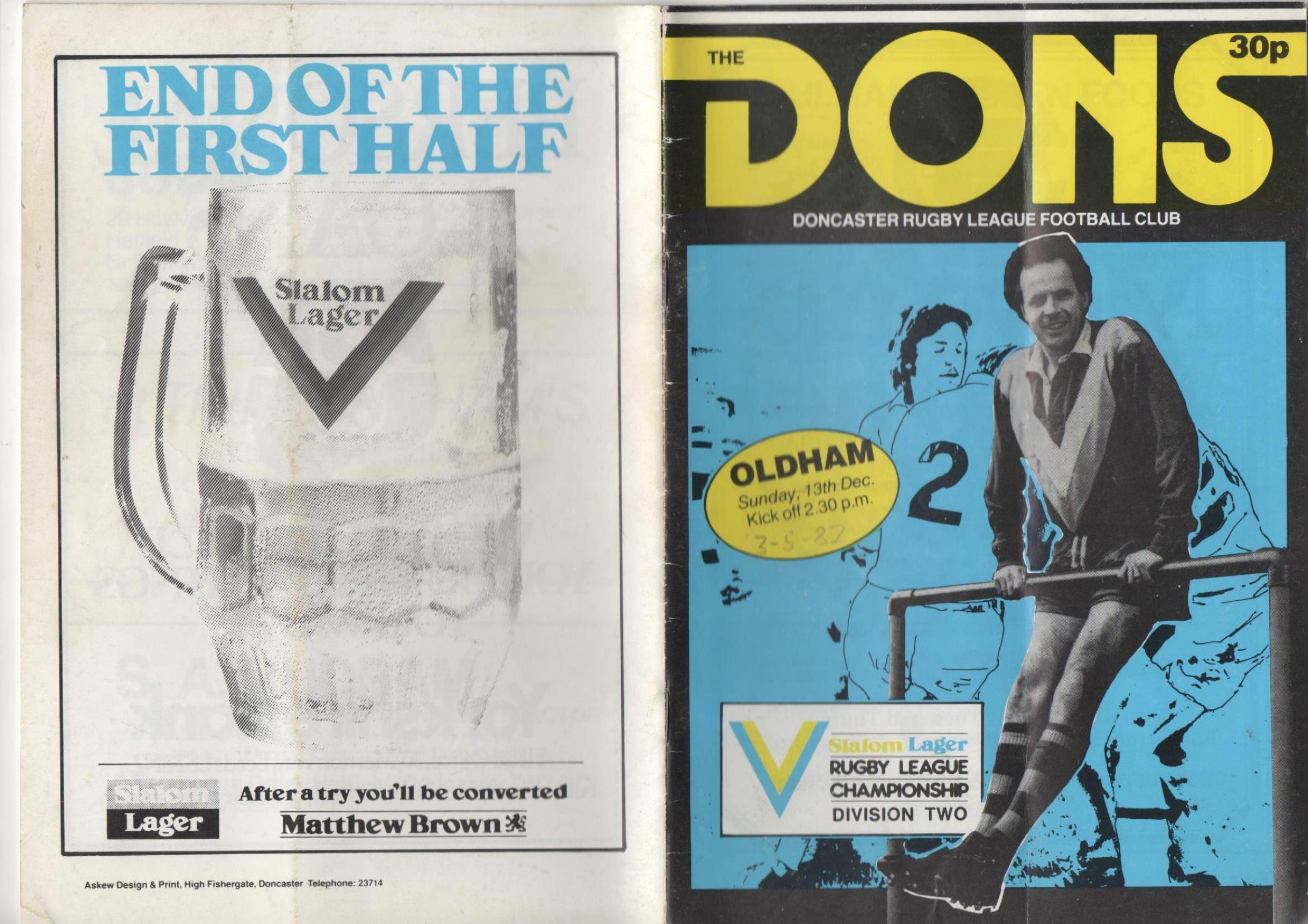 Programme cover: Oldham v Doncaster, 3 May 1982