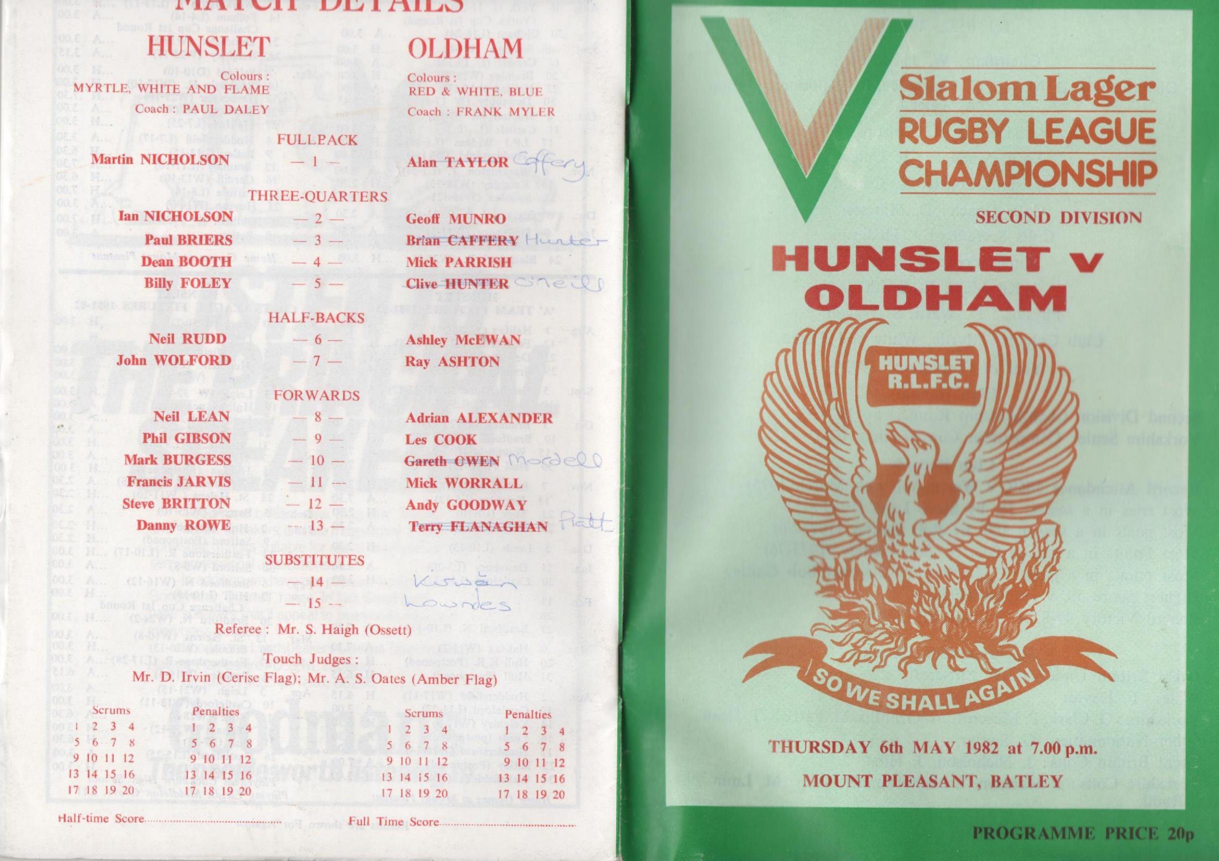 Programme cover: Oldham v Hunslet, 6 May 1982