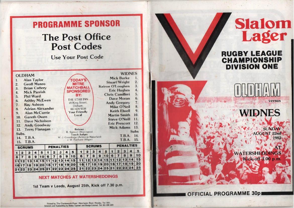 Programme cover: Oldham v Widnes, 22 August 1982