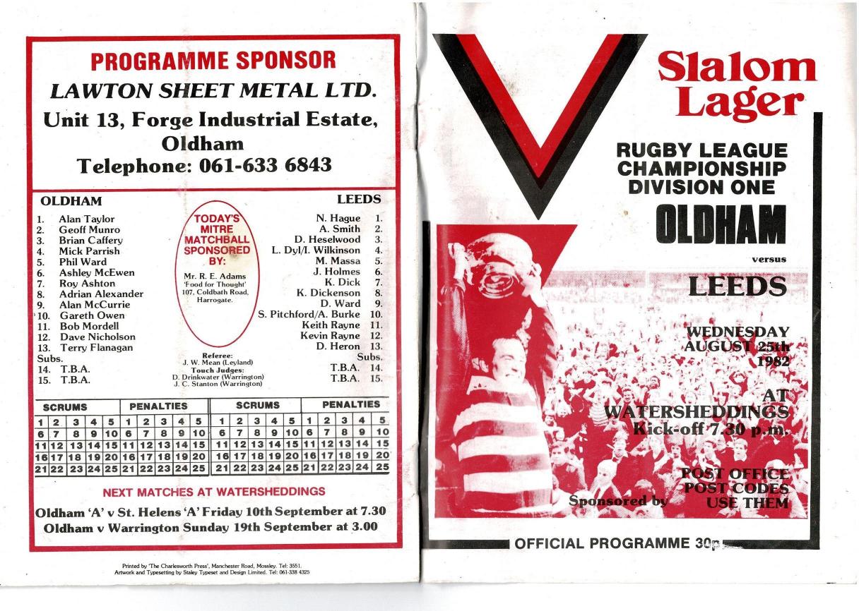 Programme cover: Oldham v Leeds, 25 August 1982
