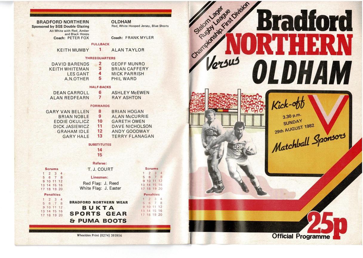 Programme cover: Oldham v Bradford Northern, 29 August 1982