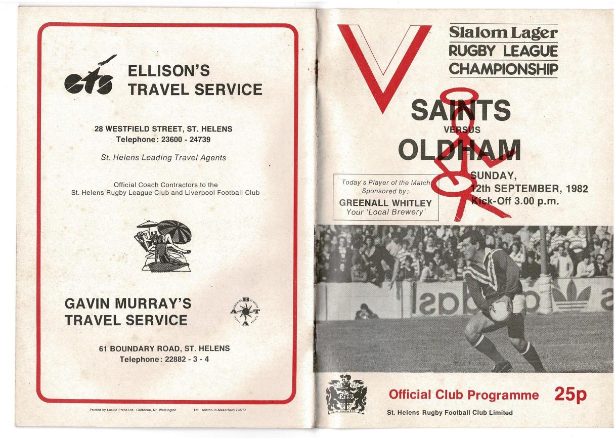 Programme cover: Oldham v St Helens, 12 September 1982