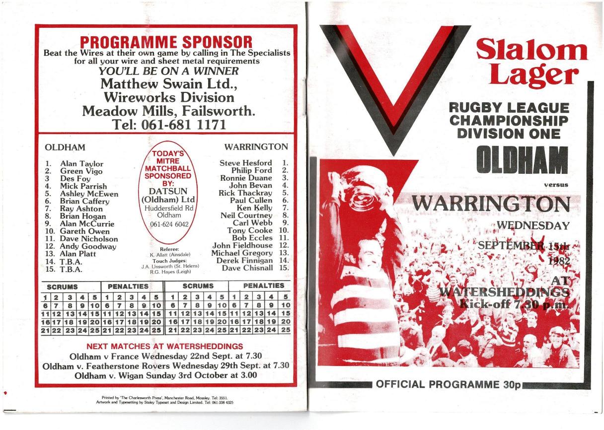 Programme cover: Oldham v Warrington, 15 September 1982