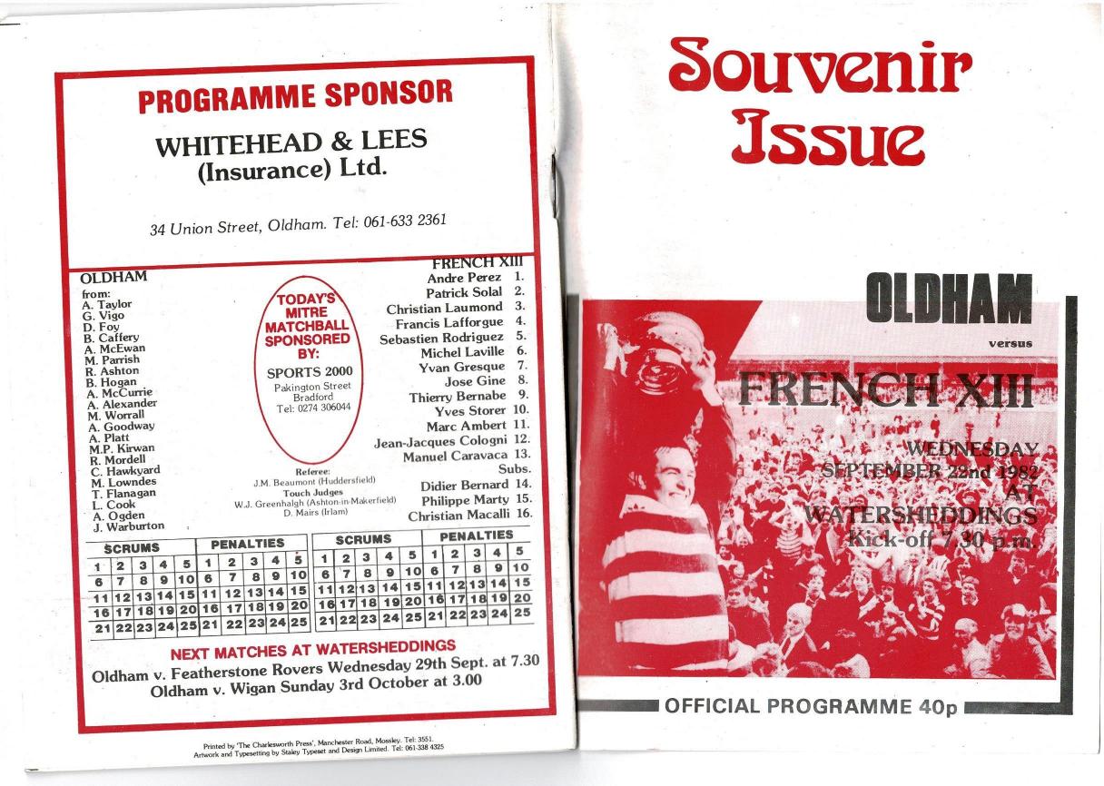 Programme cover: Oldham v French XIII, 22 September 1982