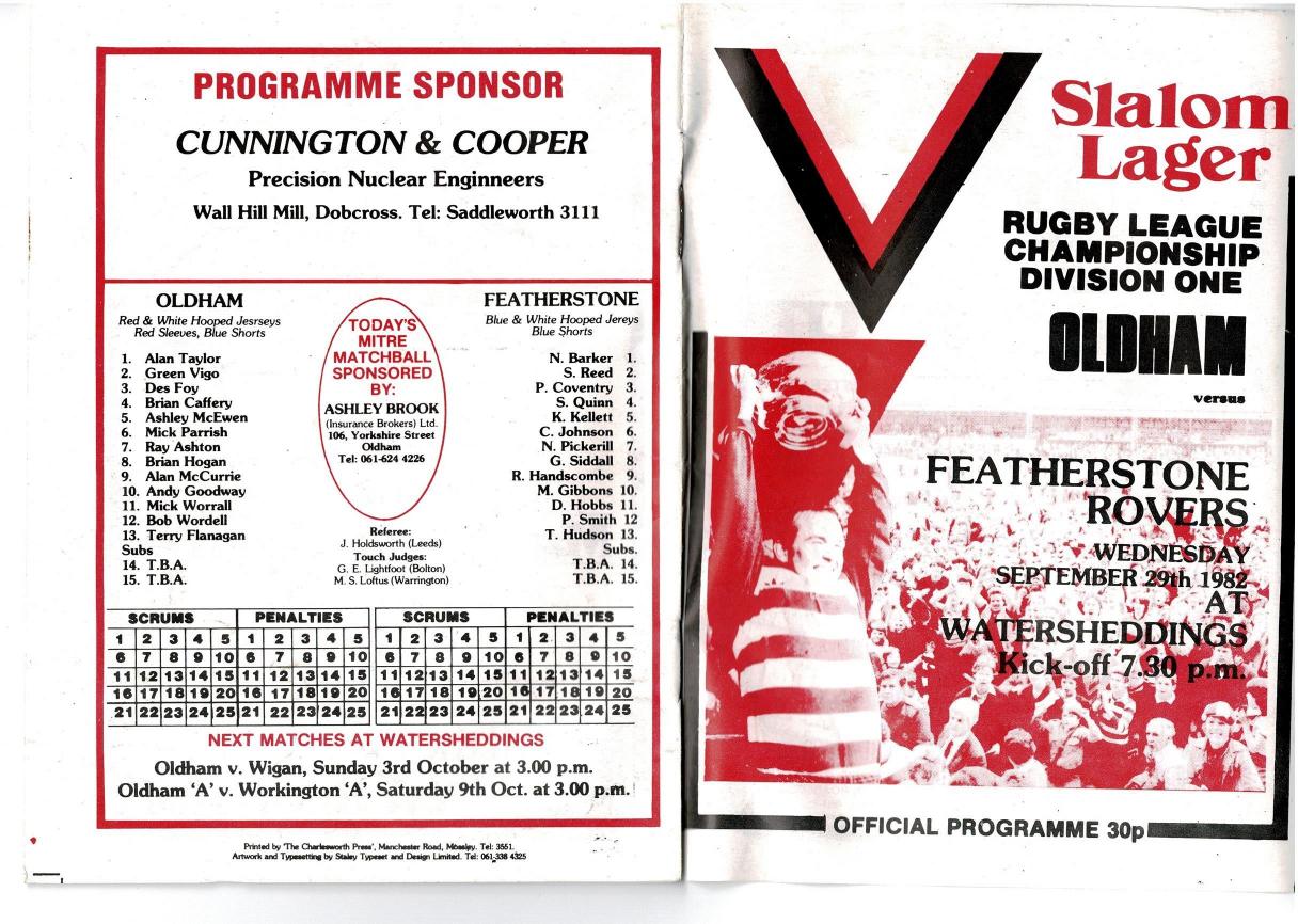 Programme cover: Oldham v Featherstone Rovers, 29 September 1982