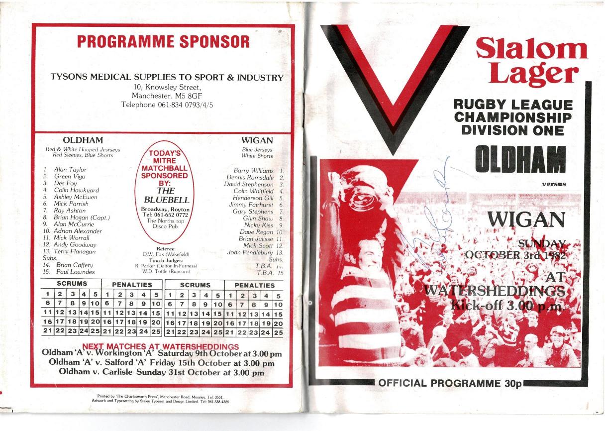 Programme cover: Oldham v Wigan, 3 October 1982