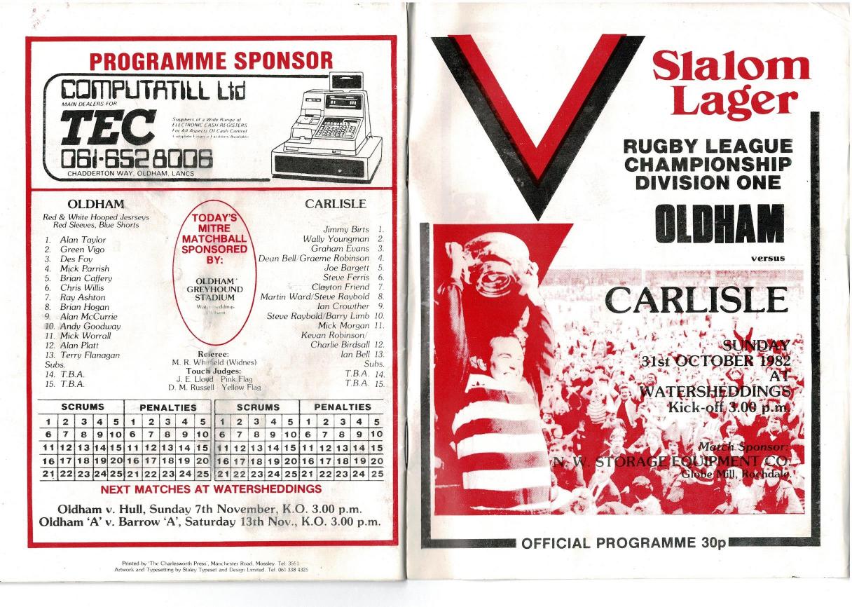 Programme cover: Oldham v Carlisle, 31 October 1982
