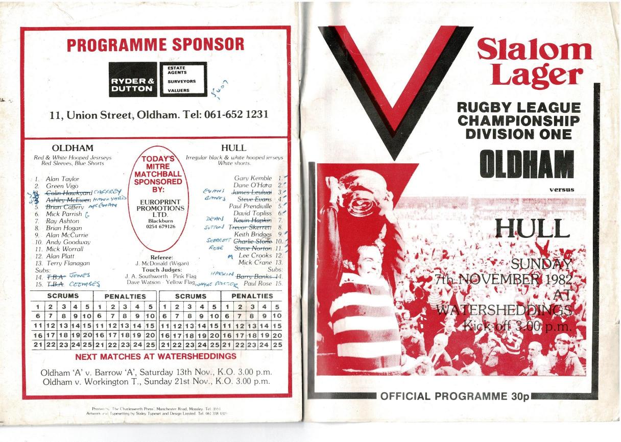 Programme cover: Oldham v Hull FC, 7 November 1982