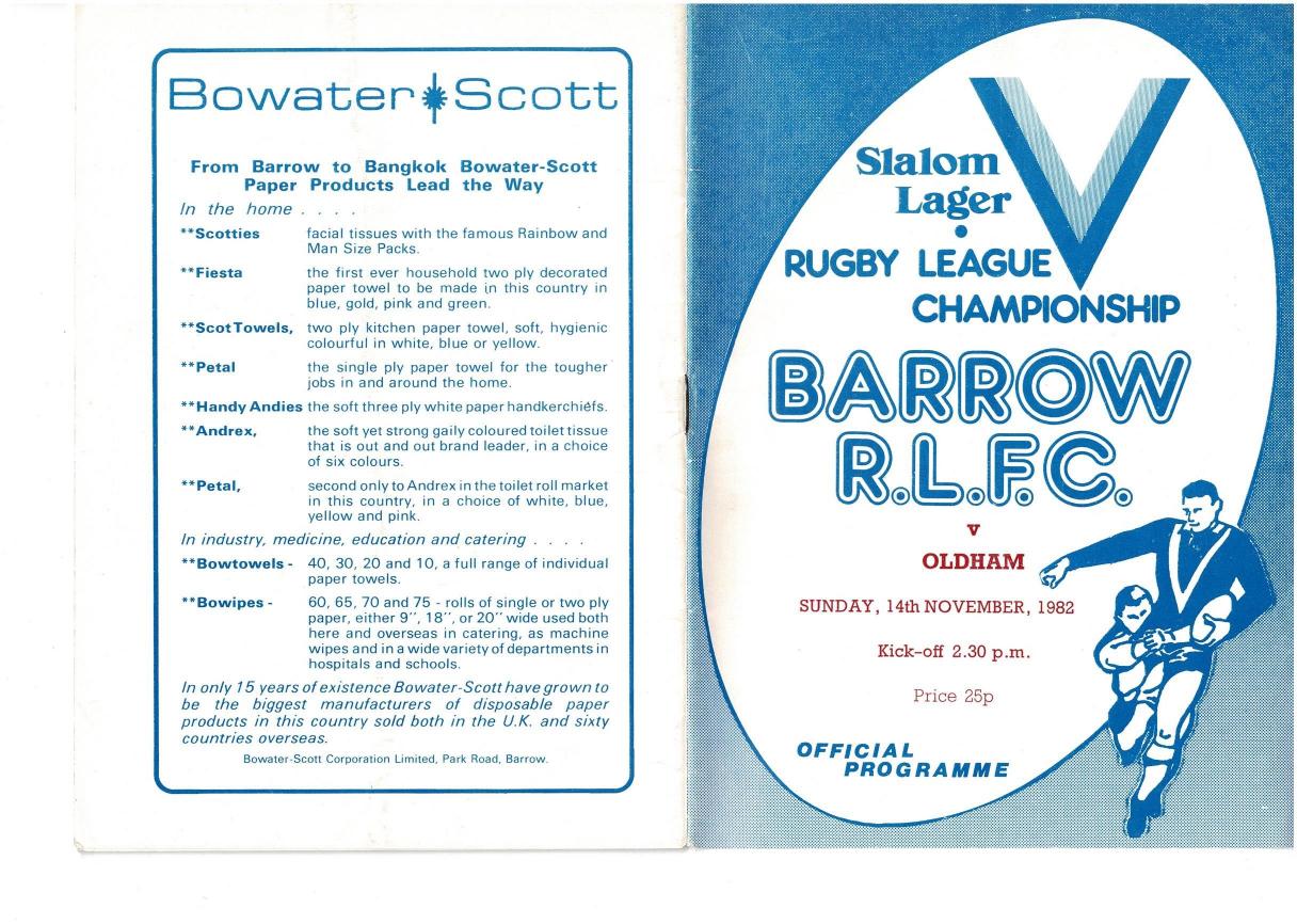 Programme cover: Oldham v Barrow, 14 November 1982