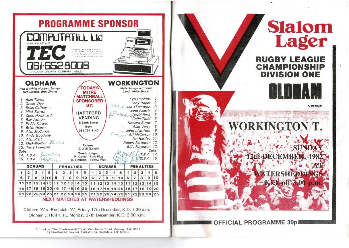 Programme cover: Oldham v Workington Town, 12 December 1982