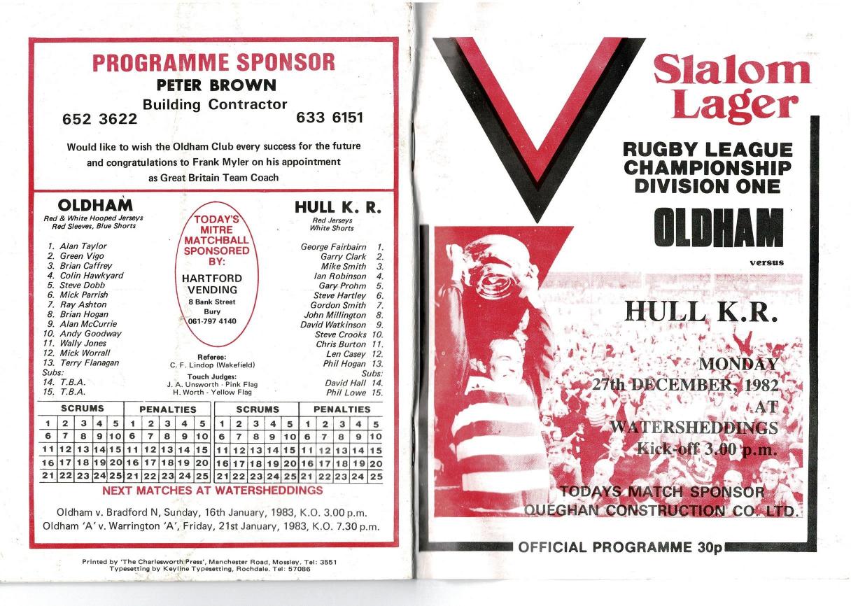 Programme cover: Oldham v Hull Kingston Rovers, 27 December 1982