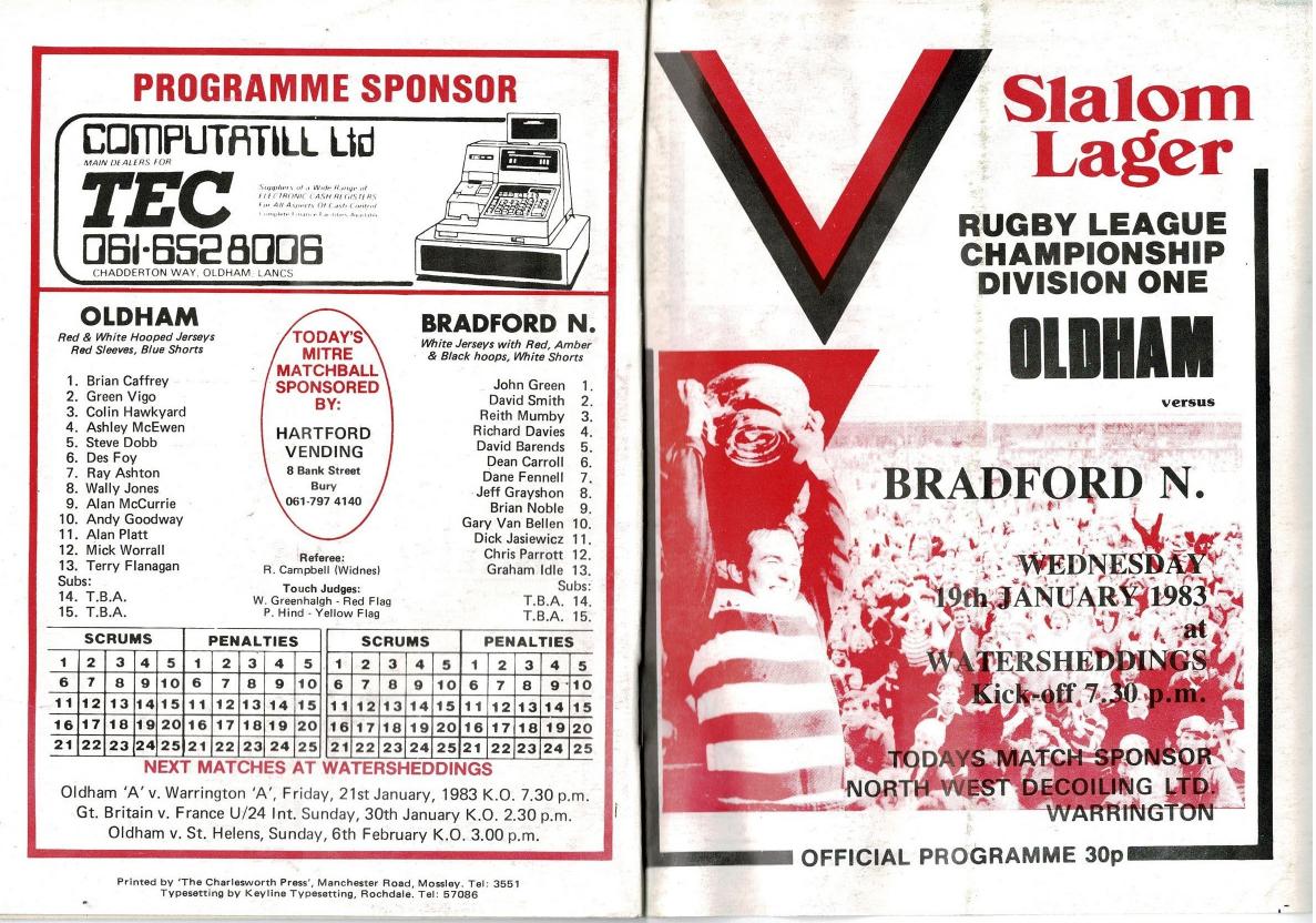 Programme cover: Oldham v Bradford Northern, 19 January 1983
