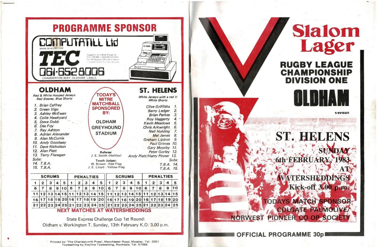 Programme cover: Oldham v St Helens, 6 February 1983