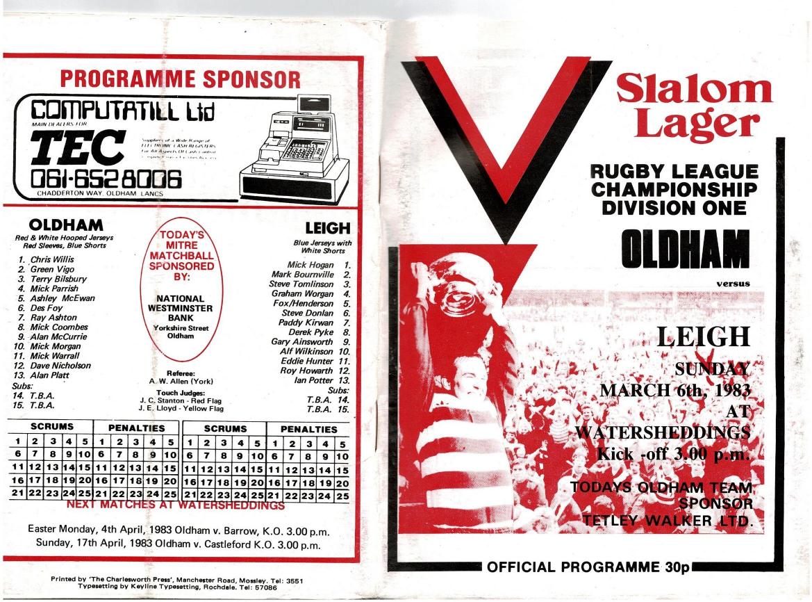 Programme cover: Oldham v Leigh, 6 March 1983