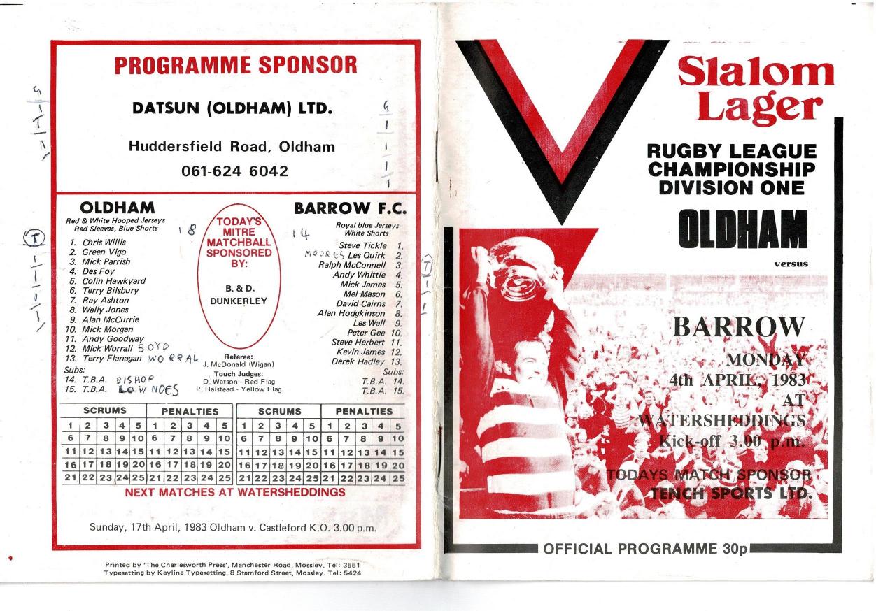 Programme cover: Oldham v Barrow, 4 April 1983