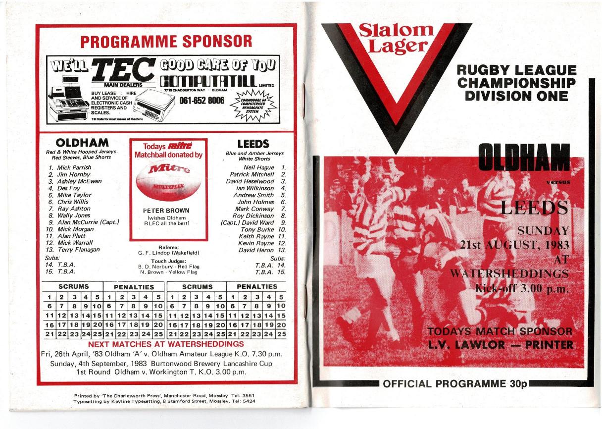 Programme cover: Oldham v Leeds, 21 August 1983